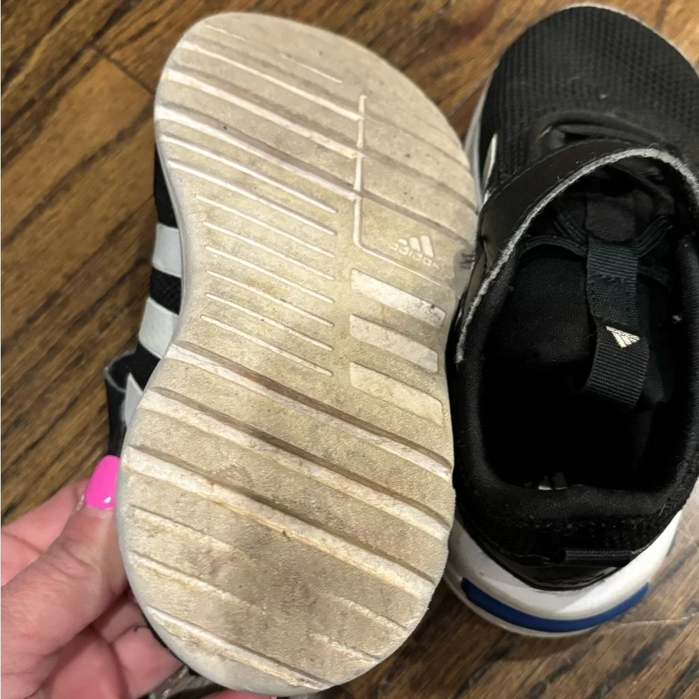 adidas Kids Black and White Slip-On Sneakers with Velcro Strap 8.5